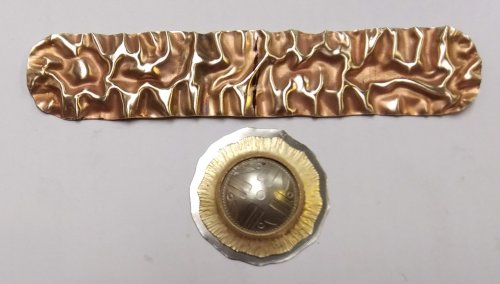 Judy Larson's Fold Formed Cuff With Faux Roman Glass or Coin Cabochon - , Metalwork, Cutting, Cutting Tool, Cutters, Dapping, Dapping Jewelry, Filing, Finishing, Forging, Forging Jewelry, Jewelry Forging, How To Punch Holes, Hole Punching, Punch A Hole, Oxidizing Wire, Oxidizing, Antiquing Wire, Antiquing, Riveting, Riveting Techniques, Wire Rivets, Sawing, Saw, Wire Saw, Texturing, Drilling, Drill, Fold Formed Faux Roman Glass Cuff